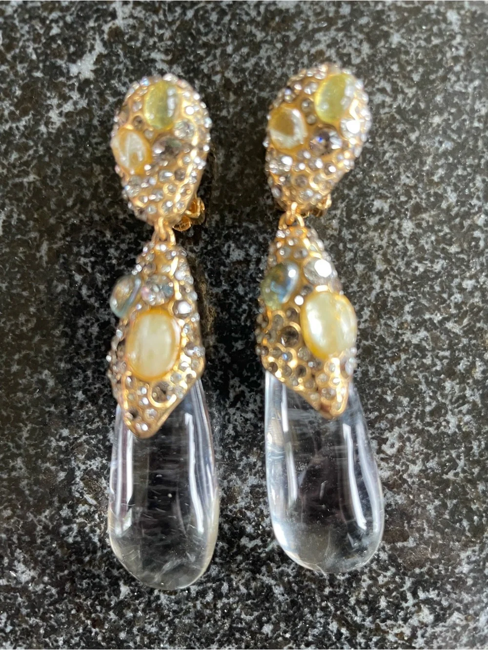 Alexis Bittar Modernist Gold Gem Encrusted Drop Clip Earrings